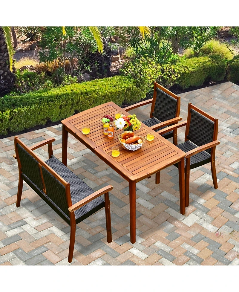 4 Pieces Acacia Wood Patio Rattan Dining Furniture Set