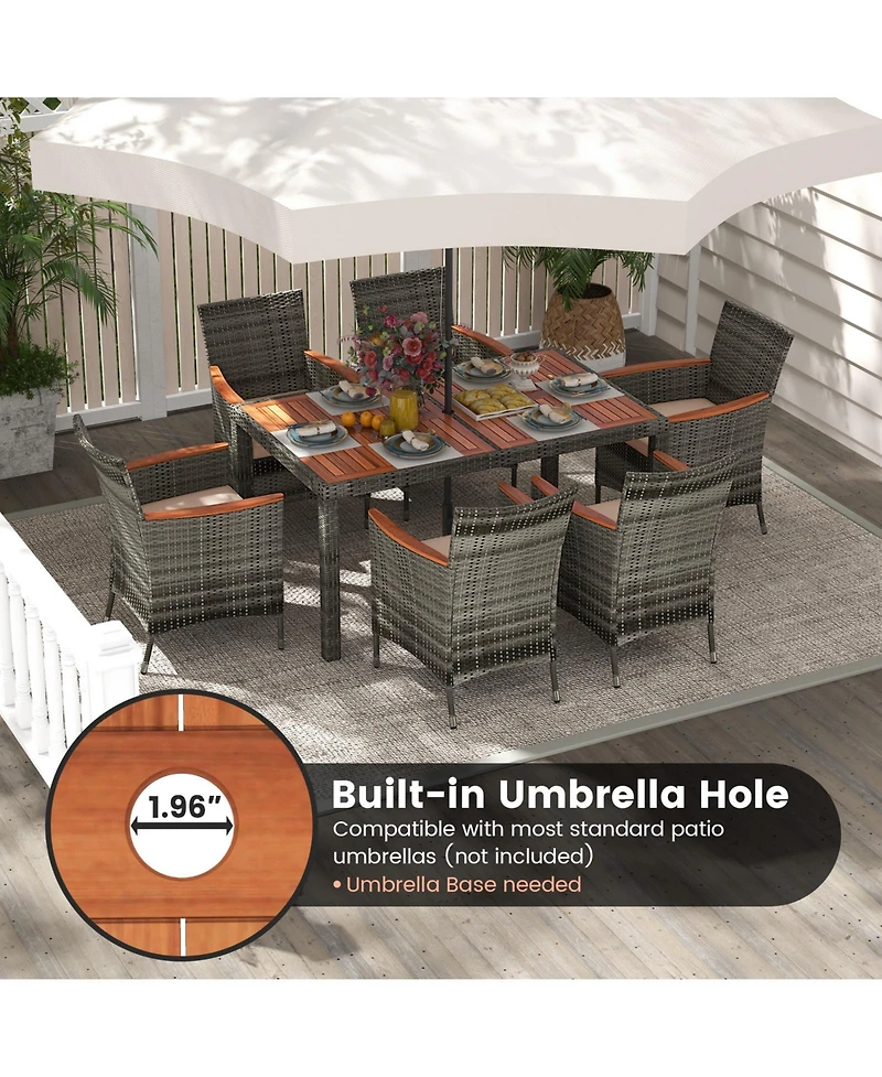 7 Pieces Patio Acacia Wood Cushioned Pe Rattan Wicker Dining Set