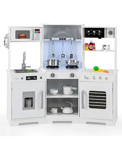 Pretend Play Wooden Kitchen Toy Set with Range Hood Real Sounds and Lights for Kids