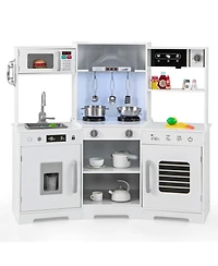 Pretend Play Wooden Kitchen Toy Set with Range Hood Real Sounds and Lights for Kids