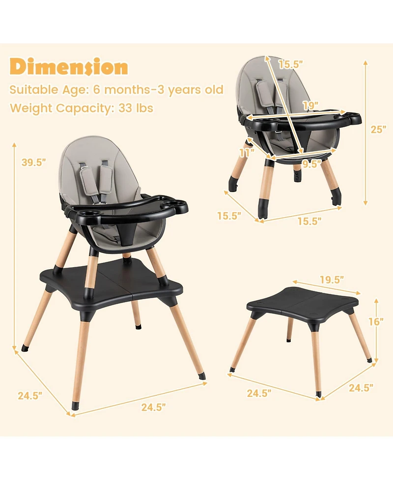 5-in-1 Baby Convertible Wooden High Chair with Detachable Tray