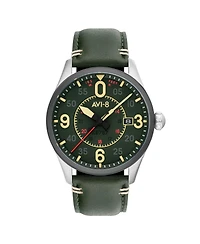 Avi-8 Men's Spitfire Smith Automatic Green Leather Strap Watch, 42mm