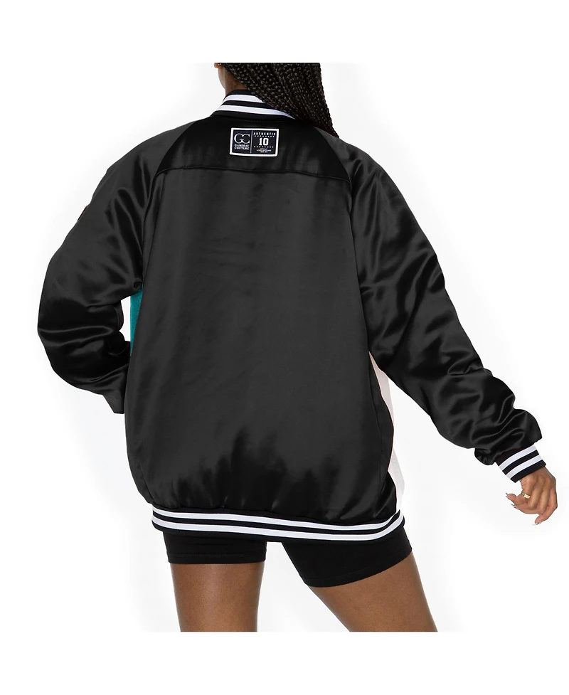 Gameday Couture Women's Black/Aqua Miami Dolphins Oversized Hot Shot Rhinestone Throwback Full-Snap Varsity Bomber Jacket