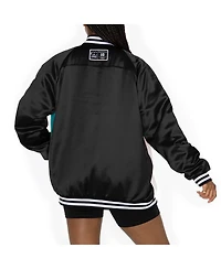 Gameday Couture Women's Black/Aqua Miami Dolphins Oversized Hot Shot Rhinestone Throwback Full-Snap Varsity Bomber Jacket
