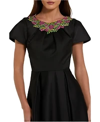 Women's Satin Flutter Sleeve Gown With Neckline Beading