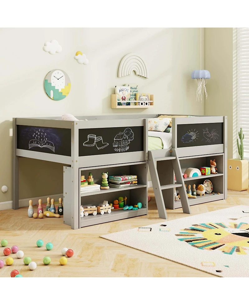 Twin Low Loft Bed with Ramp Ladder & Bookcases Full-length Safety Guardrail