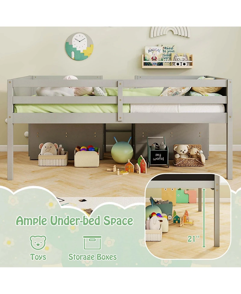 Twin Low Loft Bed with Ramp Ladder & Bookcases Full-length Safety Guardrail