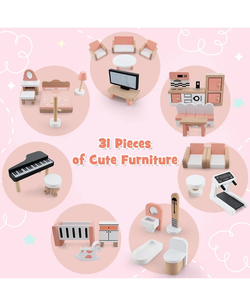 3-Tier Dollhouse for Kids Aged 3-8 with 32 Accessories Interactive Playset for Toddlers