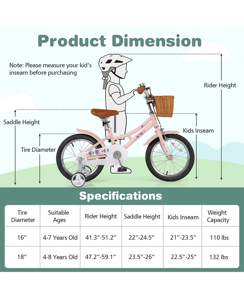 Kids Retro Bike with Adjustable Height Basket Fun Stylish Bicycle for Ages 4-7 Years Old