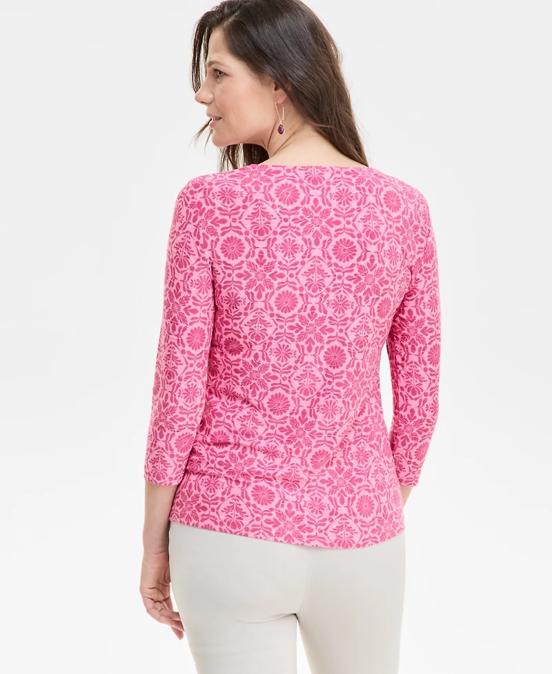 Jm Collection Women's Printed 3/4 Sleeve Scoop-Neck Jacquard Top