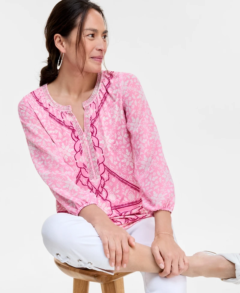 Jm Collection Women's Printed Chiffon Sleeve Rhinestone Split-Neck Top, Exclusively at Macy's