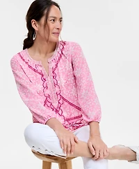 Jm Collection Women's Printed Chiffon Sleeve Rhinestone Split-Neck Top, Exclusively at Macy's
