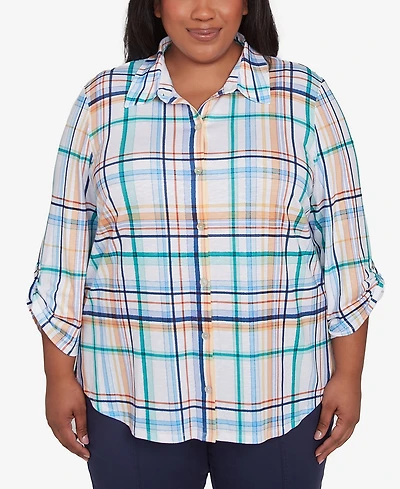 Alfred Dunner Plus Size Nantucket Plaid Knit Button Front Collared Top