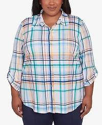 Alfred Dunner Plus Size Nantucket Plaid Knit Button Front Collared Top