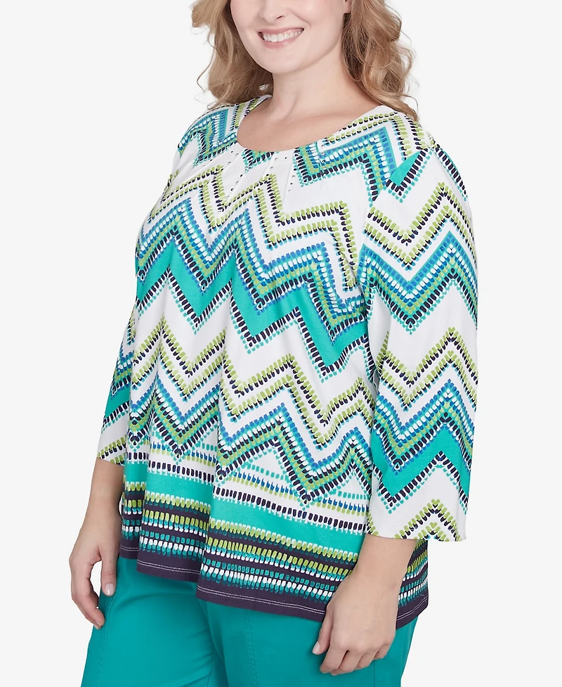 Alfred Dunner Plus Nantucket Pleated Chevron Crew Neck Top