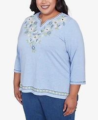 Alfred Dunner Plus Size Flower Power Embroidered Daisy Split Neckline Top