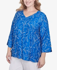 Alfred Dunner Plus Parrot Cay Scroll Embroidered Cuff Sleeve Top