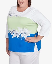 Alfred Dunner Plus Parrot Cay Tropical Colorblock Floral Crew Neck Top