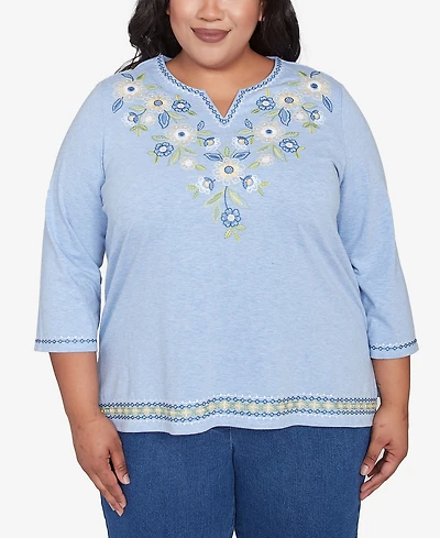 Alfred Dunner Plus Size Flower Power Embroidered Daisy Split Neckline Top