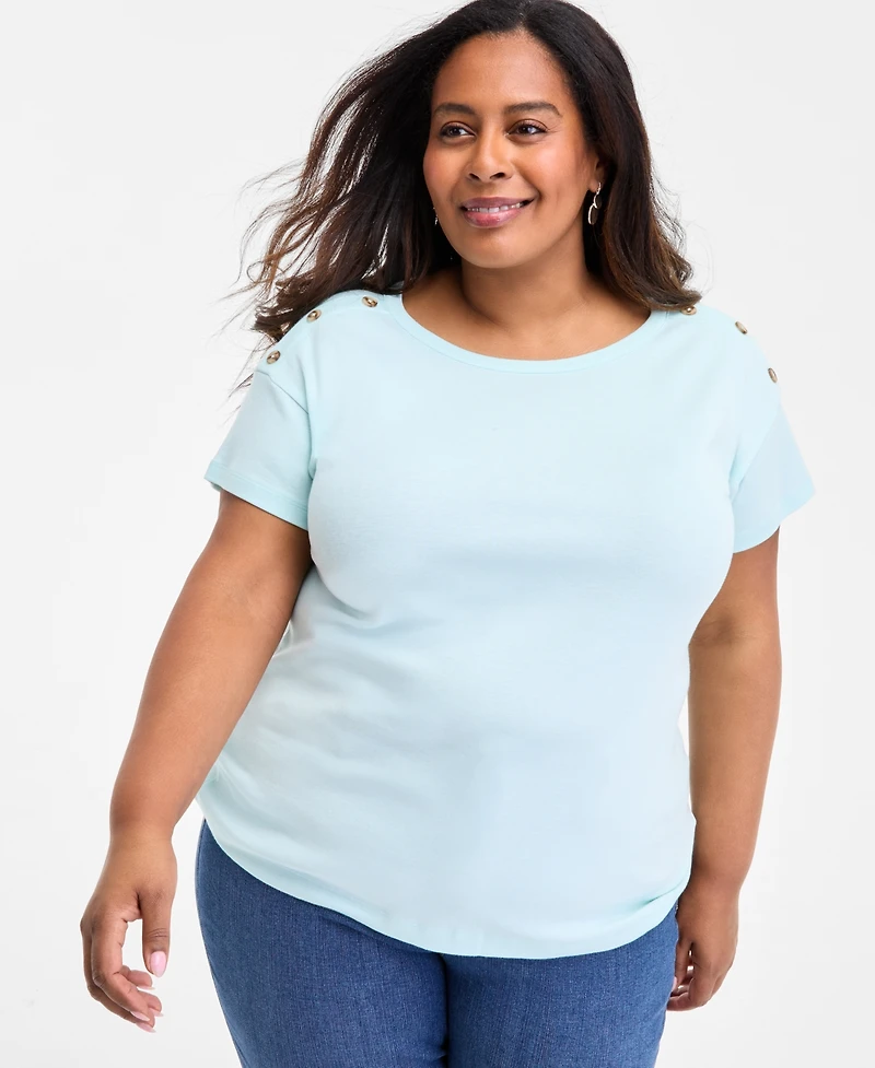Style & Co Plus Crewneck Button-Trim-Shoulder Cotton Top, Exclusively at Macy's