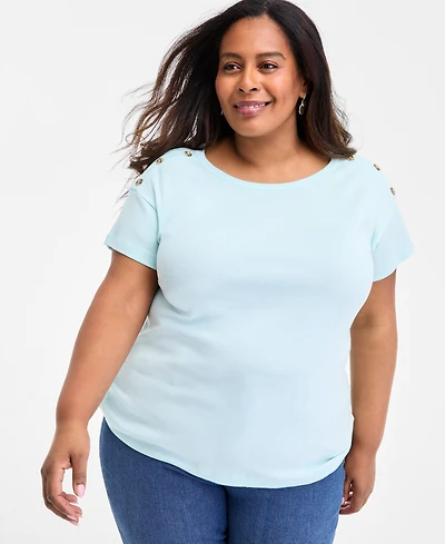Style & Co Plus Crewneck Button-Trim-Shoulder Cotton Top, Exclusively at Macy's