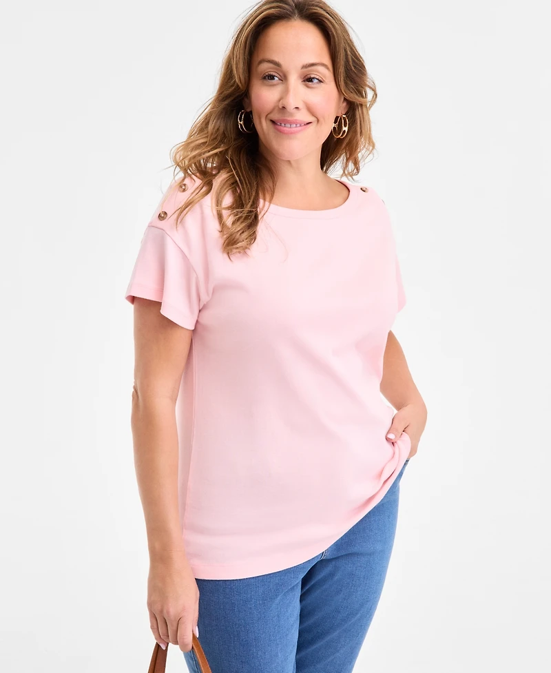 Style & Co Plus Crewneck Button-Trim-Shoulder Cotton Top, Exclusively at Macy's
