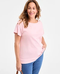 Style & Co Plus Crewneck Button-Trim-Shoulder Cotton Top, Exclusively at Macy's