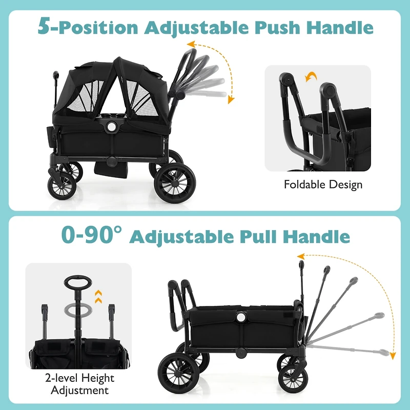 Slickblue Kids 2-Seater Collapsible Wagon Stroller with Push Pull Handle and Adjustable Bar