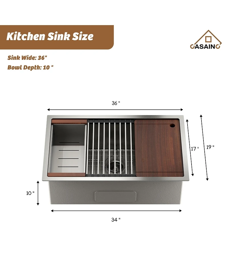 Casainc 36" L x 19" W Drop-in Stainless Steel Kitchen Sink with Faucet Included