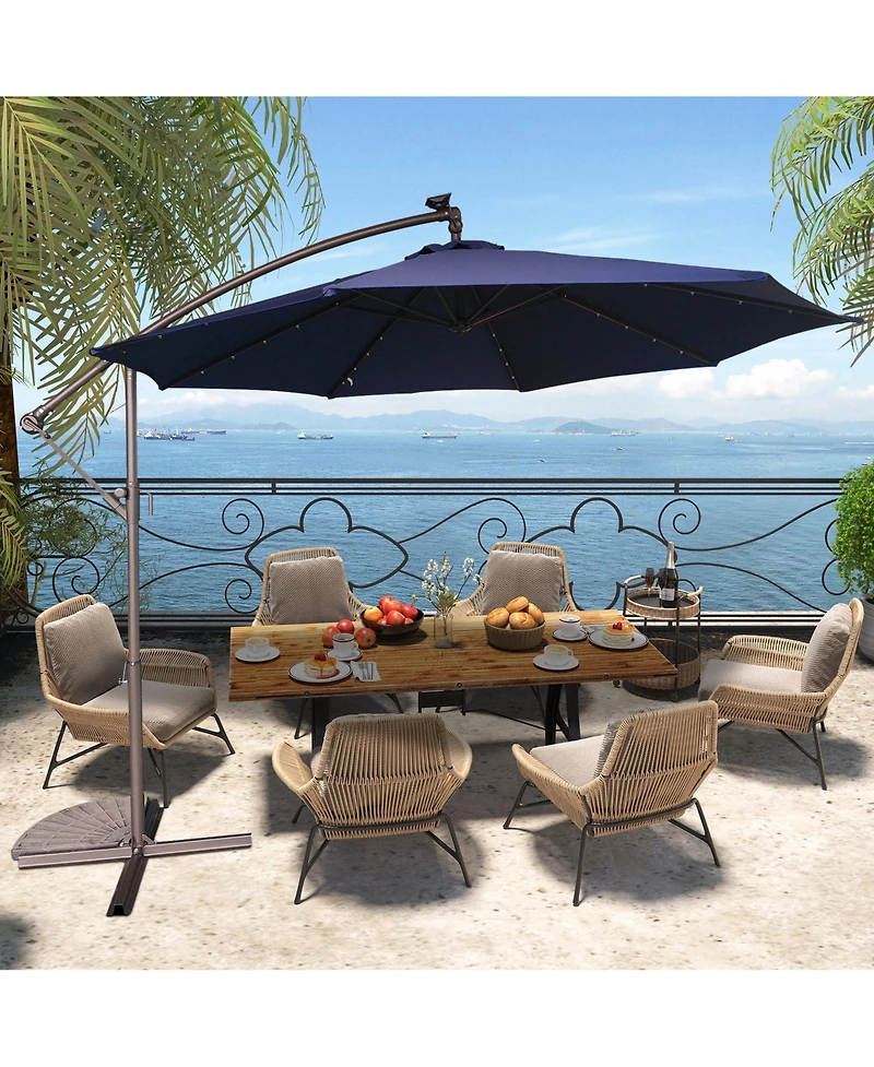 10 Ft Cantilever Patio Umbrella with Lights Offset Crank Large Outdoor Pool for Backyard Garden Deck Without Bas