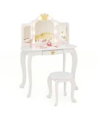 Kids Vanity Set with Tri-Fold Lighted Mirror, Detachable Top, and Stool Fun Dressing Table for