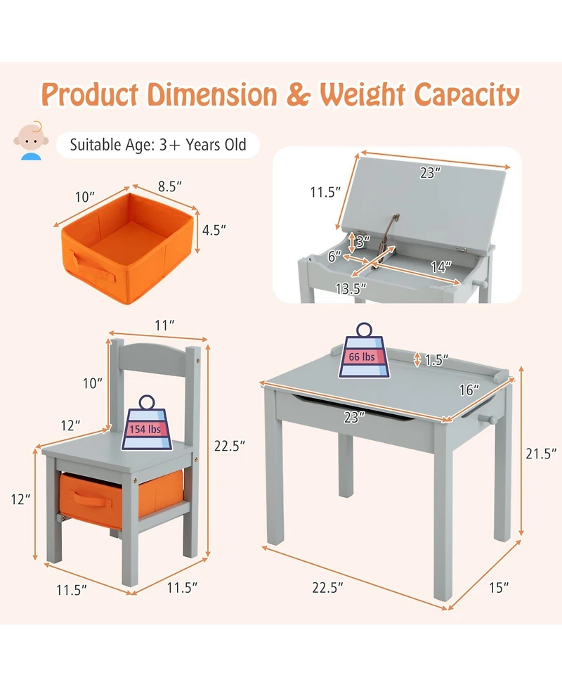 Flip-Top Kids Activity Table and Chair Set with Hidden Storage Space Fun Organized Playtime Furniture