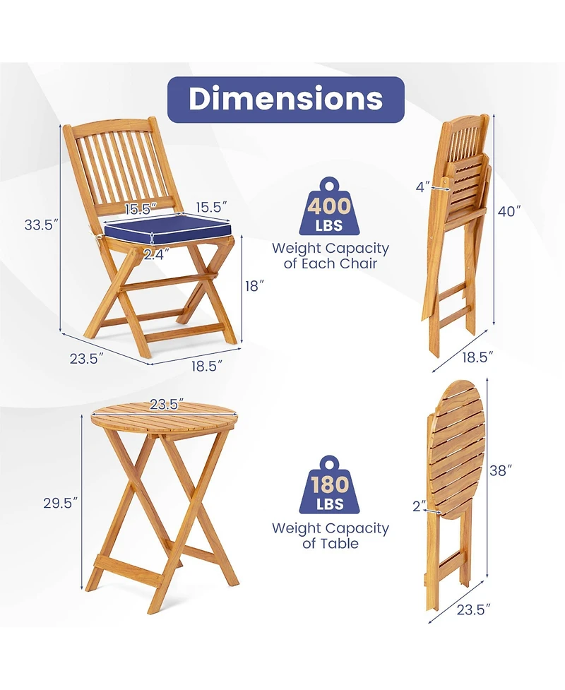 3-Piece Patio Folding Bistro Set with Soft Cushions Compact and Stylish Outdoor Furniture