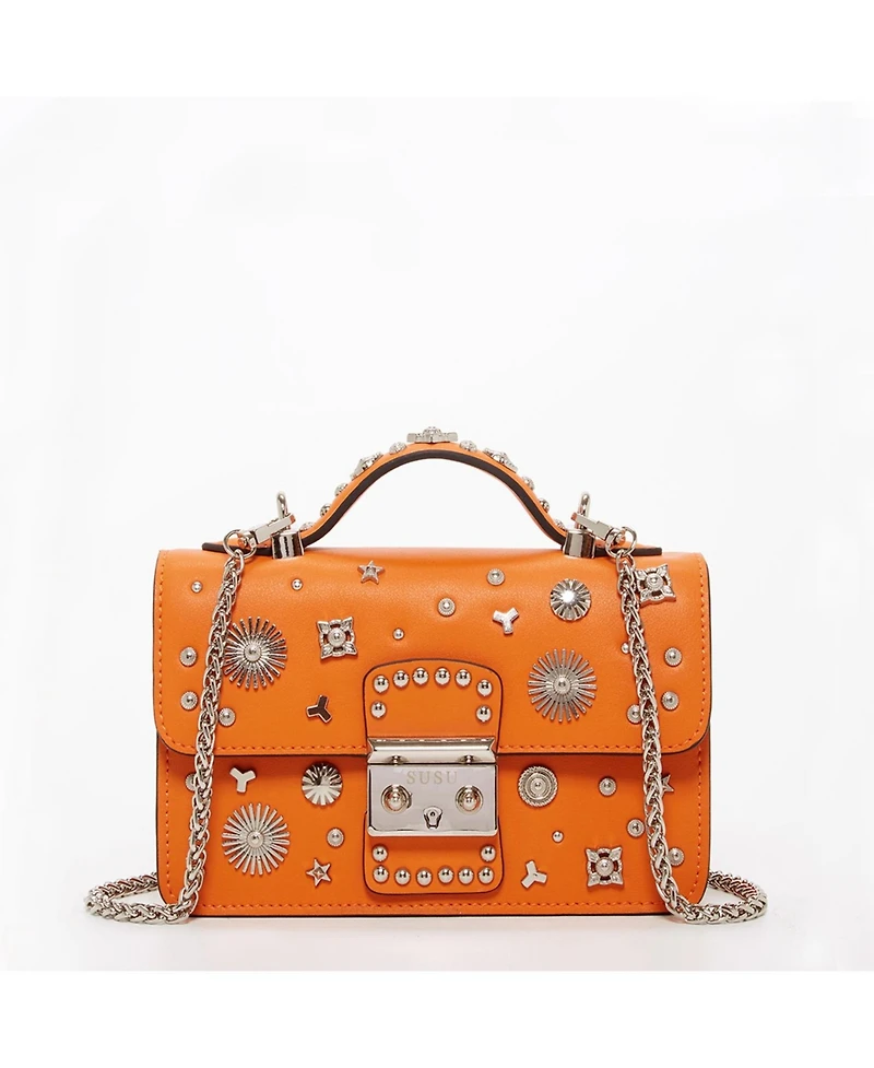 Susu Studded Small Leather Crossbody Bag Orange Purse Cute Handbag Women's Handbag with Top Handle