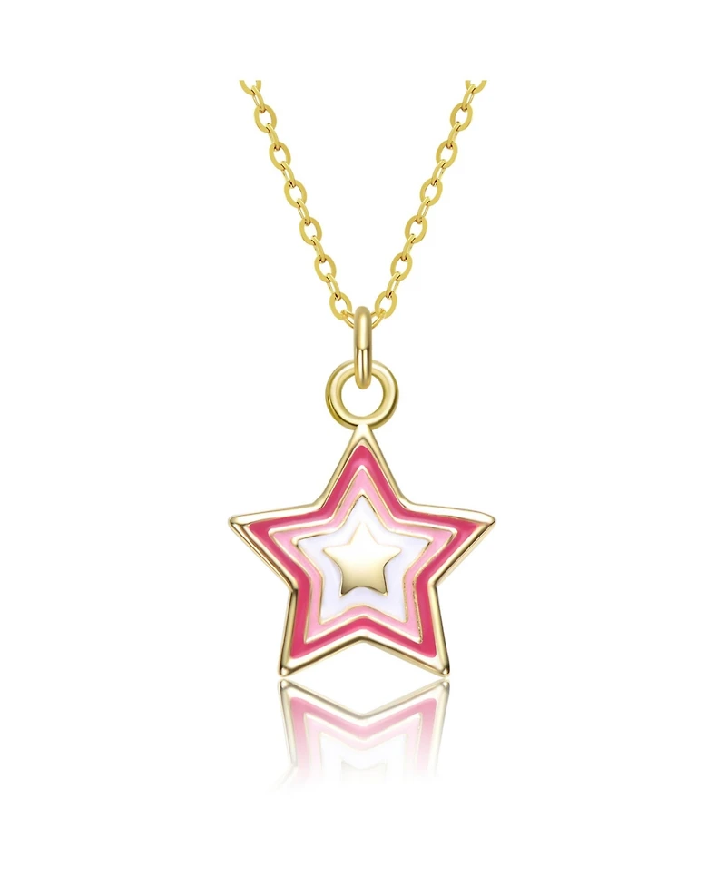 GiGiGirl Sterling Silver 14K Gold Plated with Pink & White Enamel Lucky Star Pendant Charm Necklace