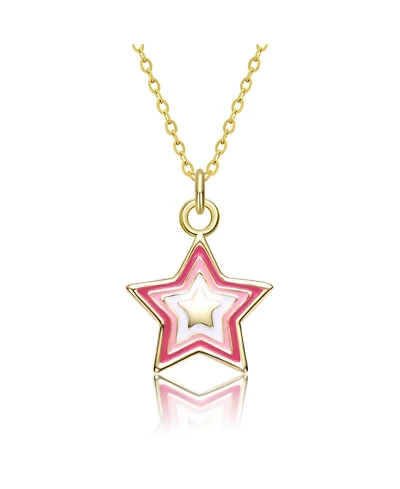 GiGiGirl Sterling Silver 14K Gold Plated with Pink & White Enamel Lucky Star Pendant Charm Necklace