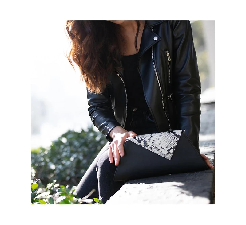 Susu Black Leather Clutch Bag Unique Snakeskin Evening Purse Women's Handbag