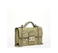 Susu Women s Sage Green Studded Crossbody Bag Designer Shoulder Purse with Chain Strap and Top Handle, Statement Handbag with Embellished for Day to N