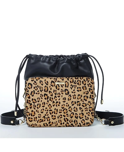 Susu Black Leather Bucket Bag Medium Size Leopard Print Purse for Women with Drawstring Design