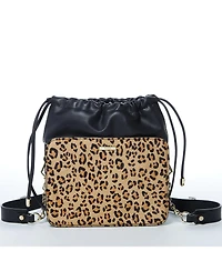 Susu Black Leather Bucket Bag Medium Size Leopard Print Purse for Women with Drawstring Design