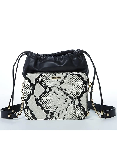 Susu Black Leather Bucket Bag Medium Size Purse with Snakeskin Print and Drawstring Design for Women