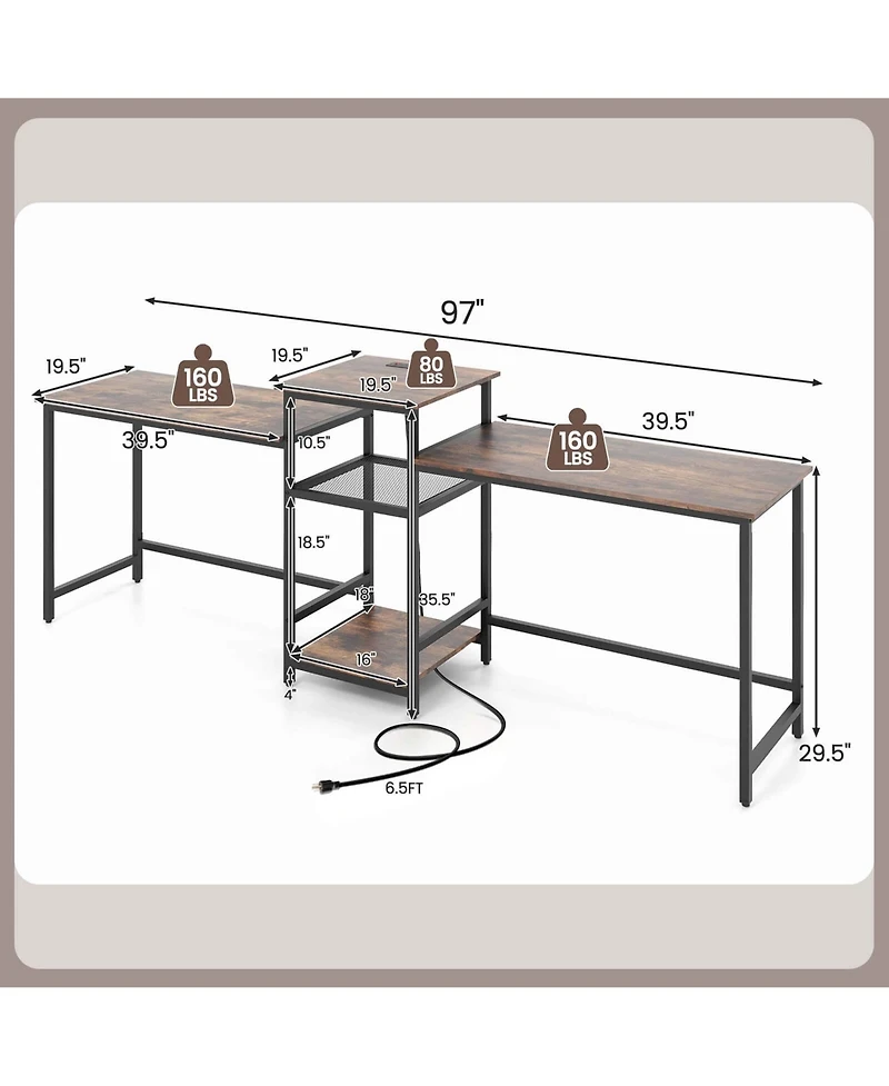 97 Inch Two Person Desk Double Computer Desk with Power Outlets Printer Stand