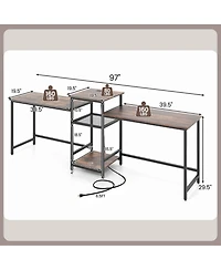 97 Inch Two Person Desk Double Computer Desk with Power Outlets Printer Stand