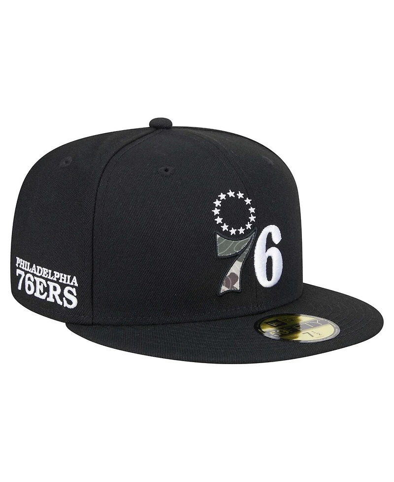 New Era Men's Black Philadelphia 76ers Camo Print Uv 59FIFTY Fitted Hat