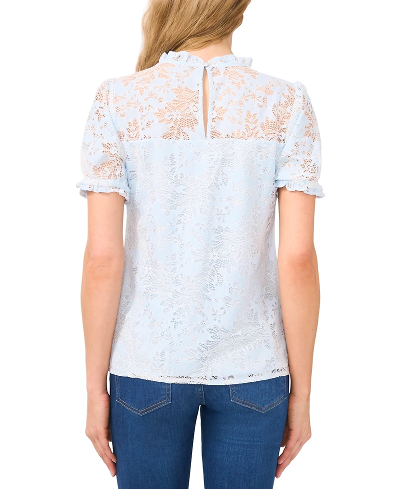 CeCe Women's Ruffle Neck Short Puff Sleeve Blouse