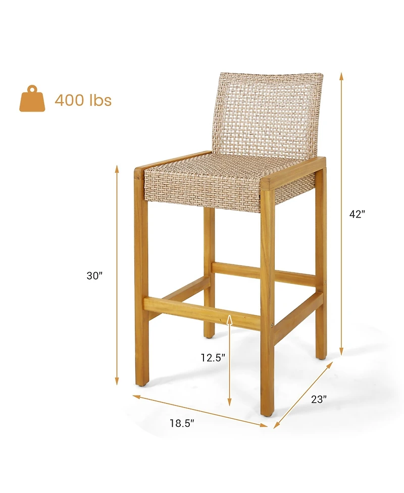 Gymax Wicker Bar Stools Set of 4 Patio Chairs w/ Solid Wood Frame & Ergonomic Footrest