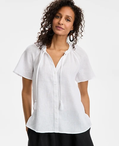 Charter Club Petite Linen Tie-Neck Short-Sleeve Peasant Top, Exclusively at Macy's