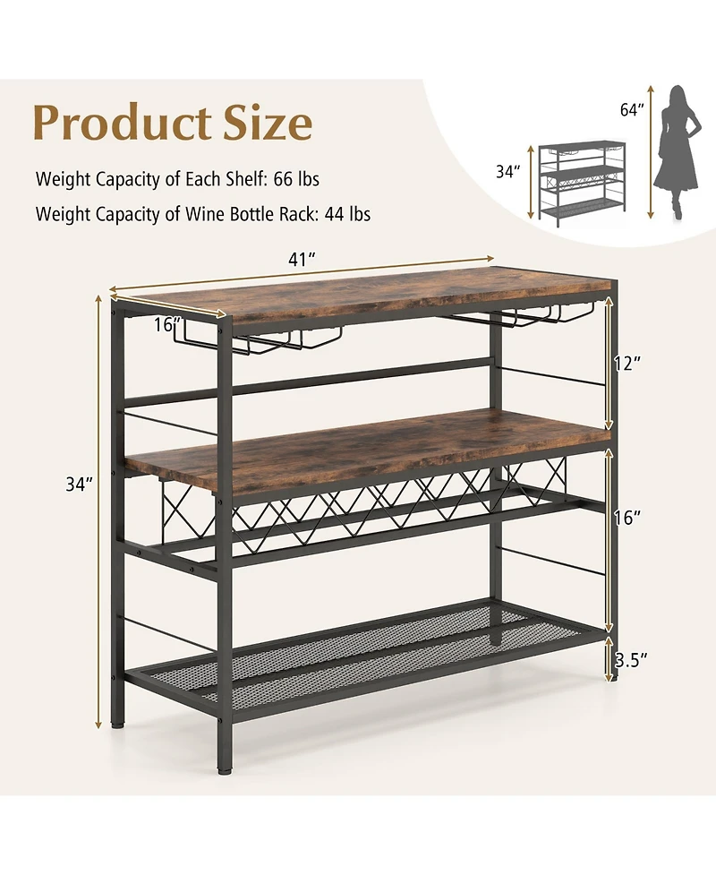 4-Tier Bar Table with Wine Rack and 4 Rows of Glass Holders for Home Bar Storage