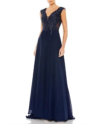 Mac Duggal Women's Appliqued Cap Sleeve Bodice Flowy Gown