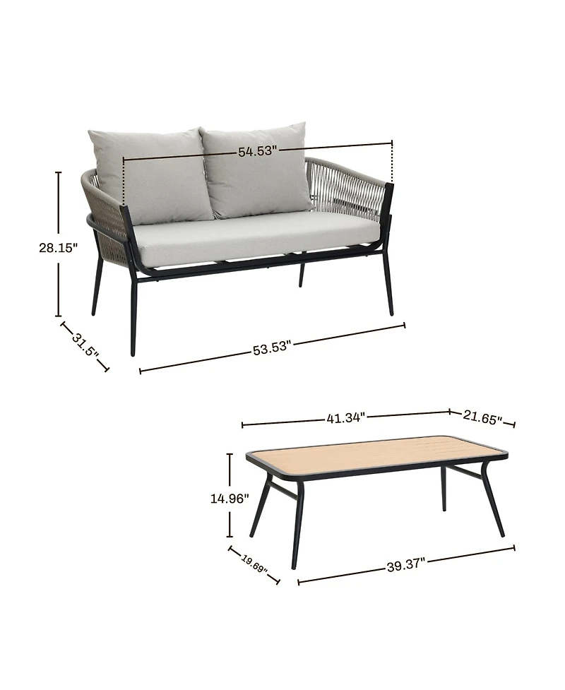 LuxenHome Outdoor Aluminum with Pe Rope Loveseat Sofa with Cushions and Coffee Table Set